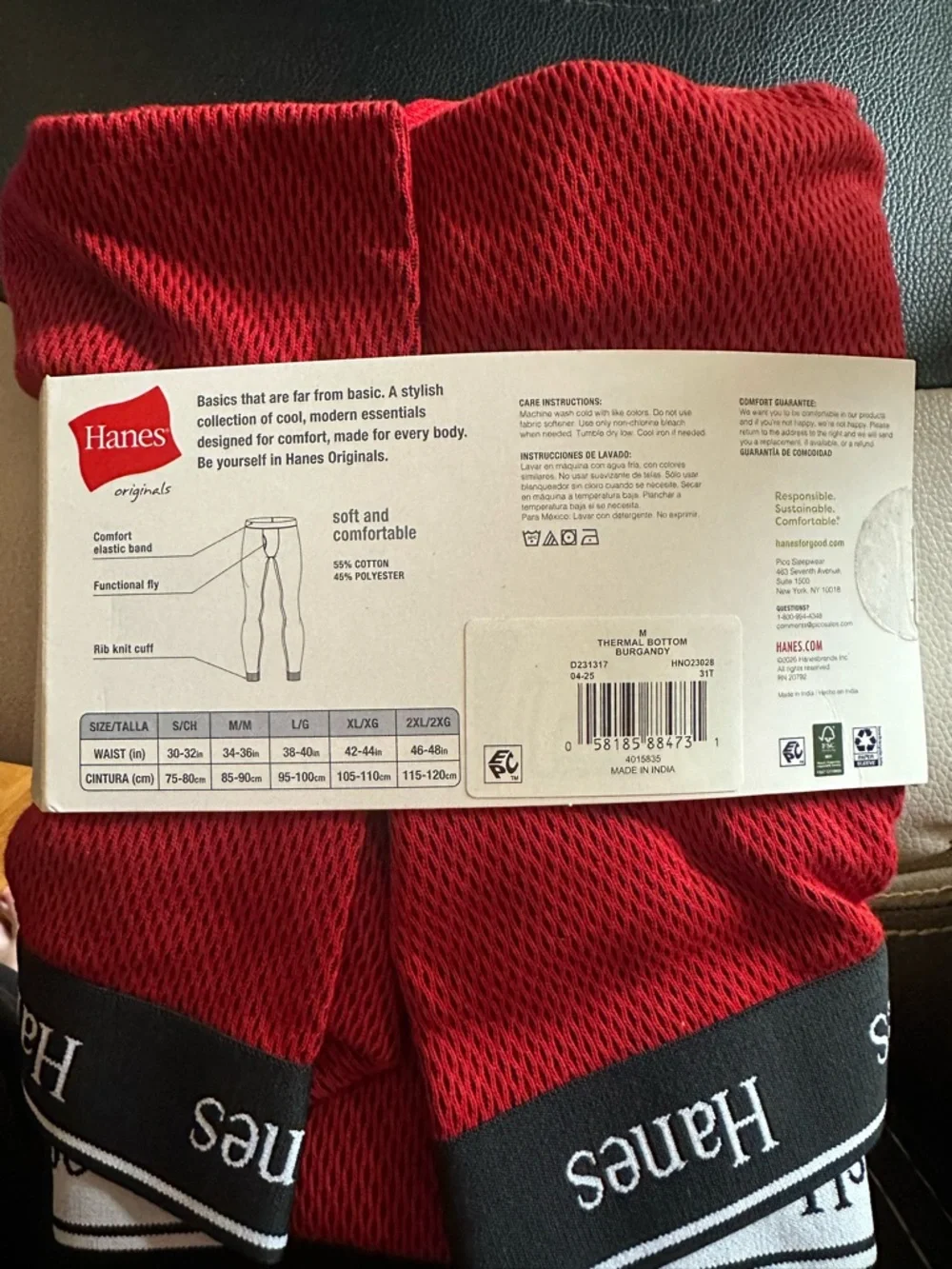 Hanes Thermal Pant Size M Tagless Red